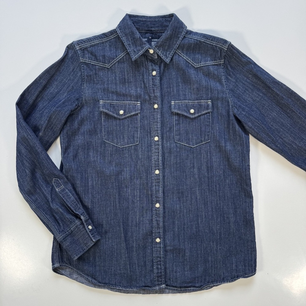MUJI Dark Denim Snap Western Shirt 100% Cotton‎ Womens Medium Classic Jean Top
